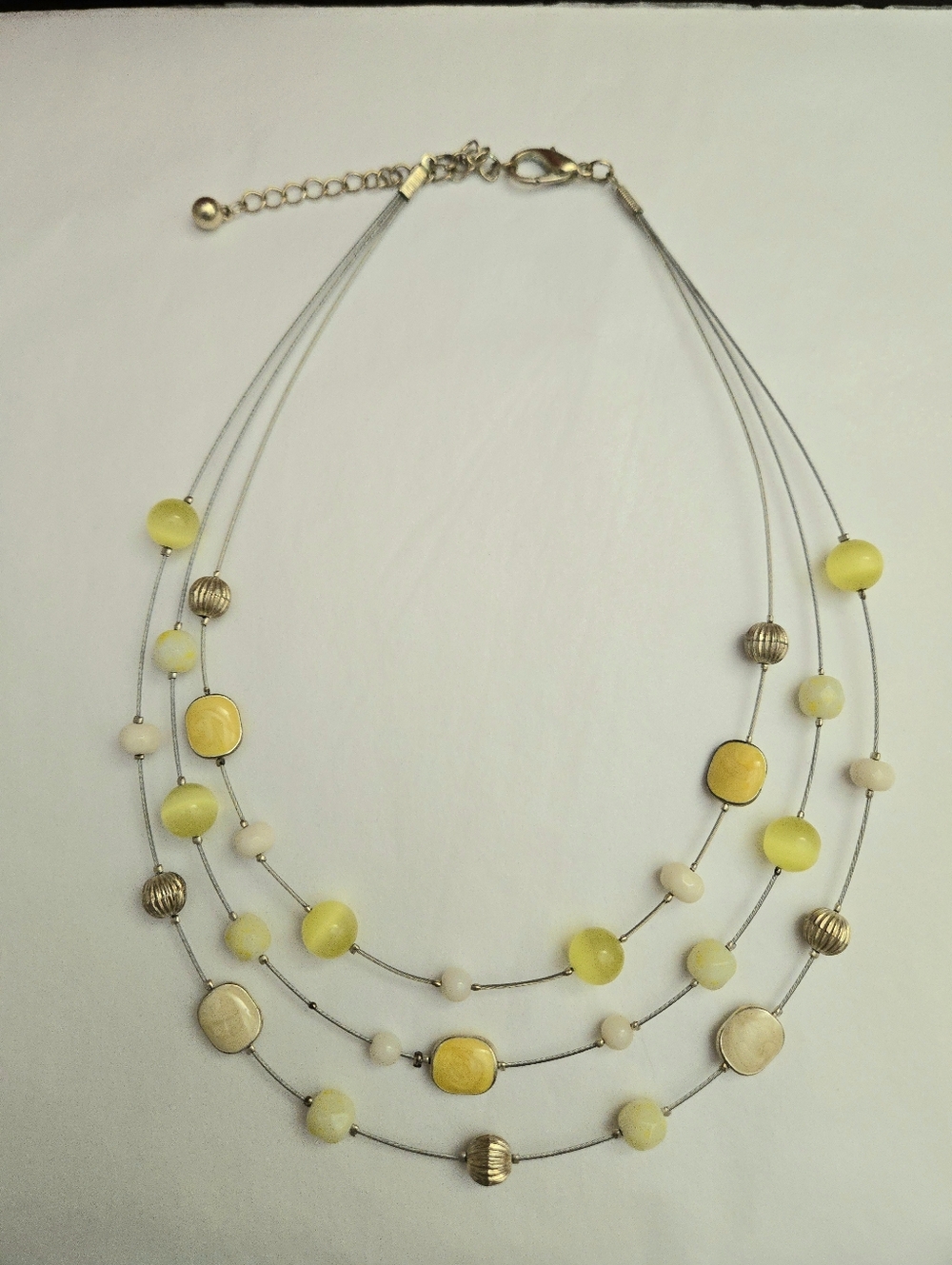 Vintage Style Silver Tone Yellow Ivory Enamel Beaded 3 Strand Bib Necklace